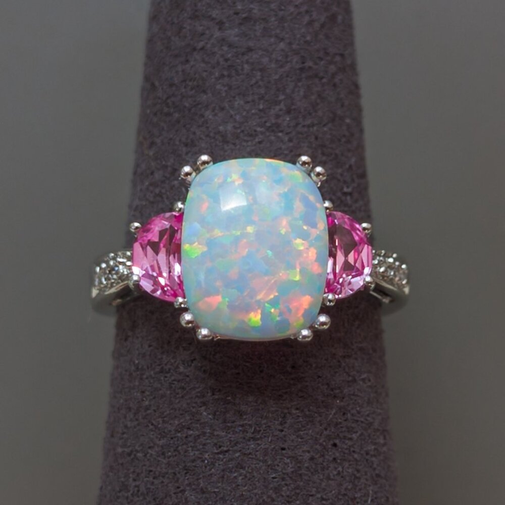 10k White Gold Opal & Pink Sapphire Trio Ring — 10×8 mm, Size 5
